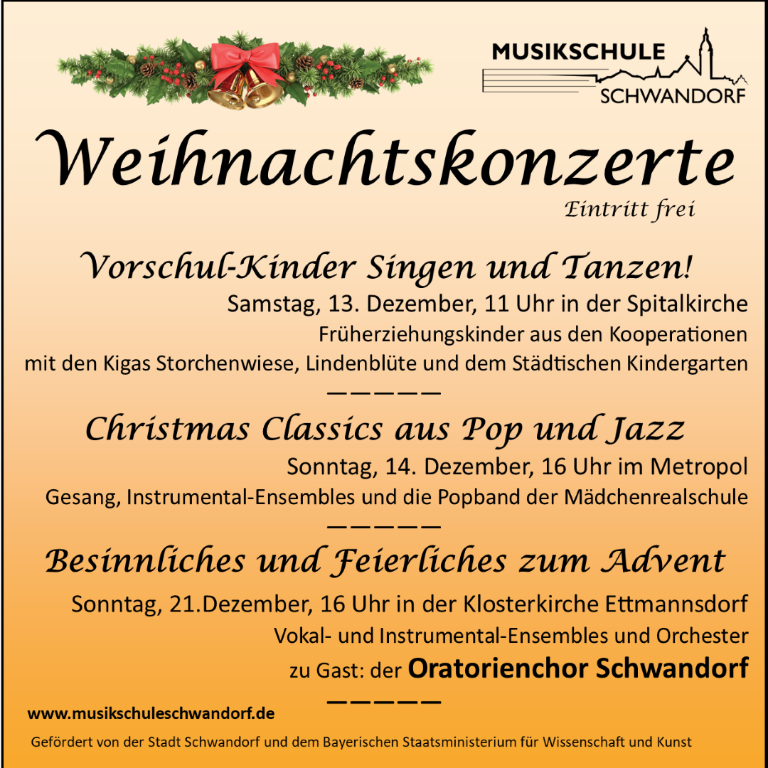 Termine und Übersicht der Weihnachtskonzerte der Musikschule Schwandorf